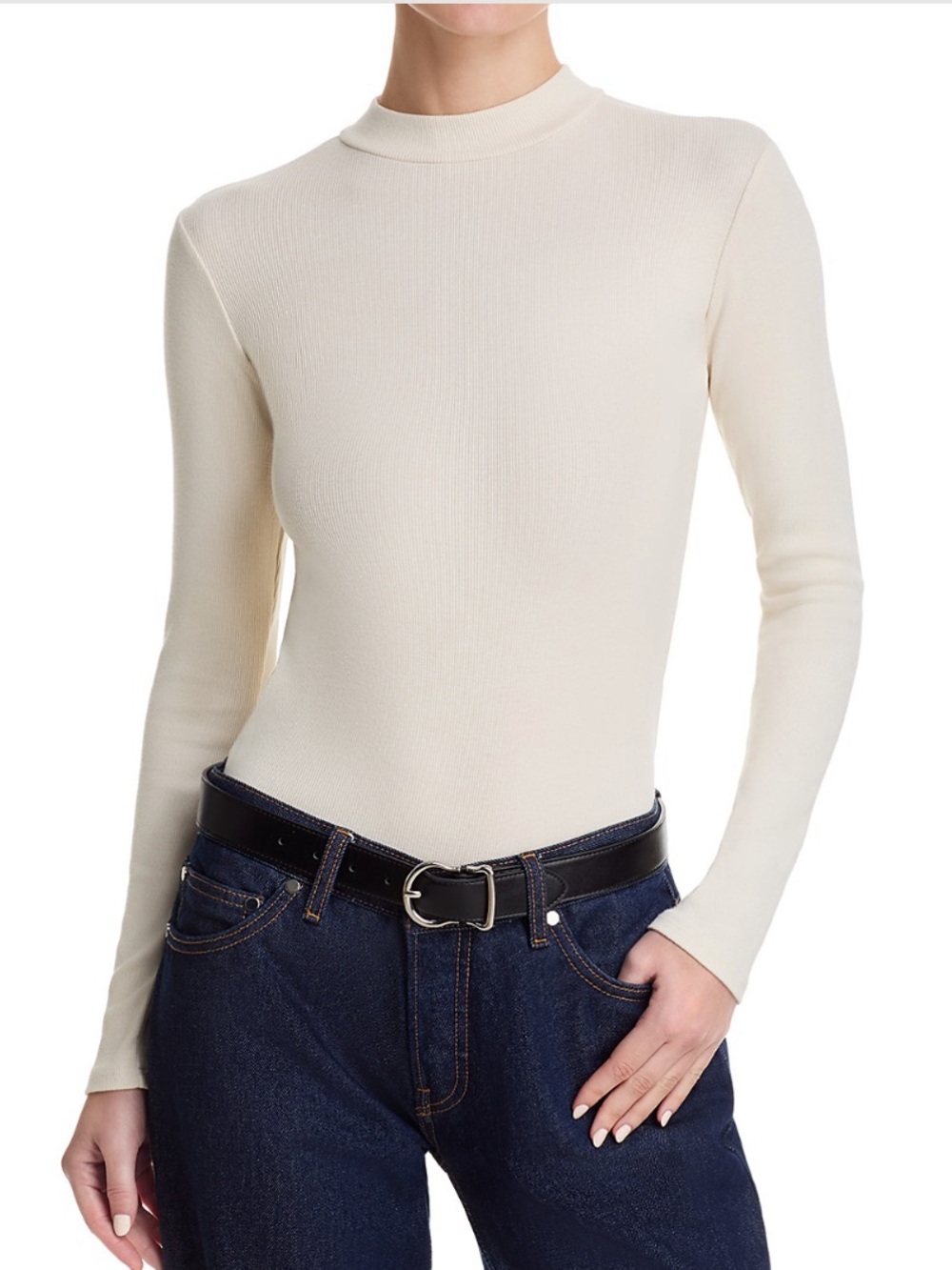 NWT PerfectWhiteTee Lauryn Mock Neck Ribbed Long Sleeve Size M Sugar